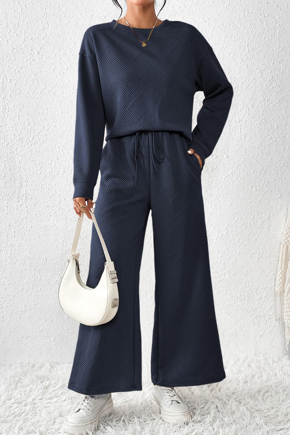 Dark Brown Textured Loose Slouchy Long Sleeve Top and Pants Set - The Fair Lady Shop