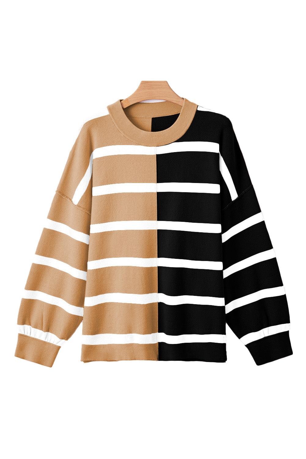 Khaki Stripe Exposed Seam Patchwork Loose Sweatshirts - The Fair Lady Shop