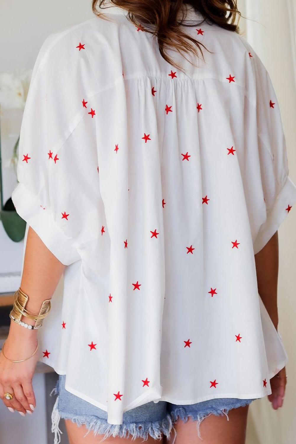 White Stars Half Puff Sleeve Loose Shirt - The Fair Lady Shop