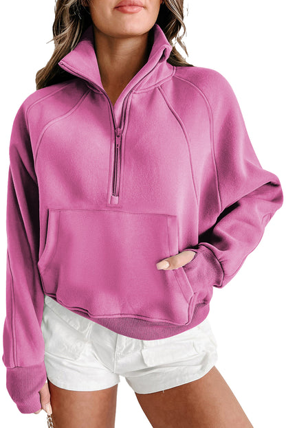 Bonbon Zip Up Stand Collar Ribbed Thumbhole Sleeve Sweatshirt - The Fair Lady Shop