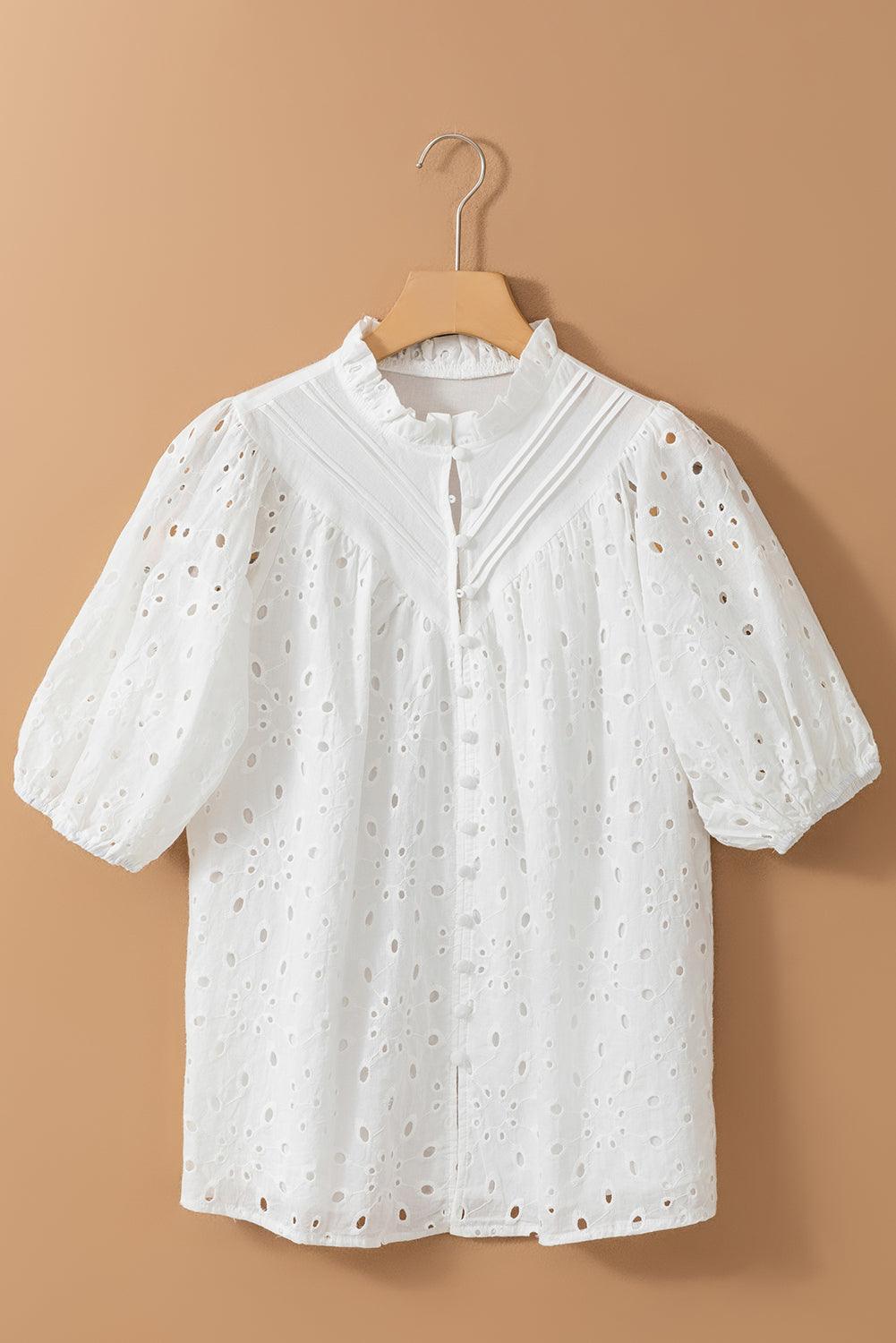 Bonbon Hollow-out Flower Embroidered Short Puff Sleeve Blouse - The Fair Lady Shop