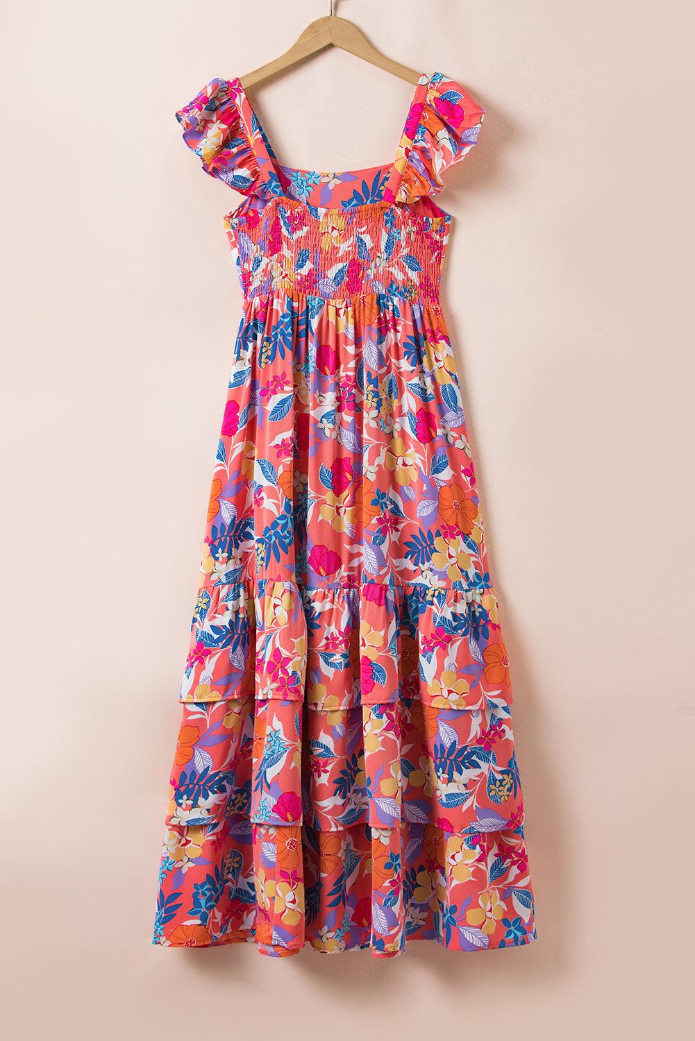 Pink Floral Print Sleeveless Ruffle Tiered Maxi Dress - The Fair Lady Shop