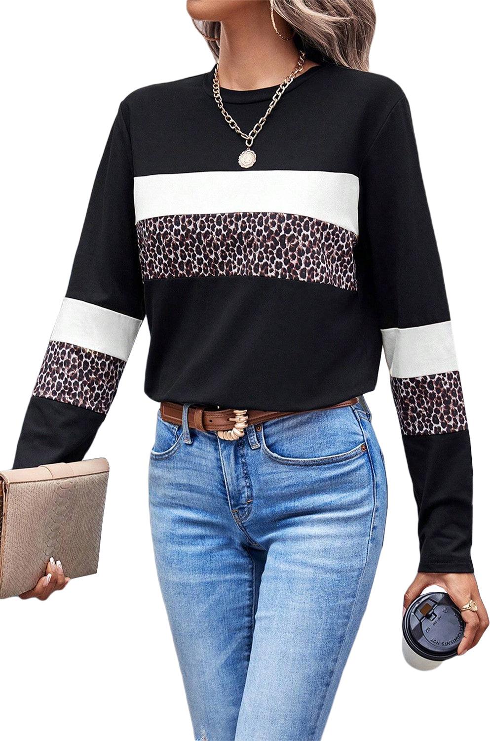 White Leopard Colorblock Patchwork Crew Neck Top - The Fair Lady Shop