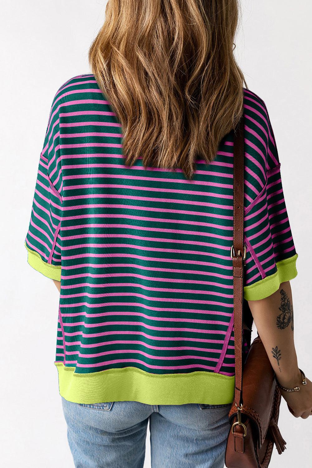 Pink Stripe Colorblock Drop Sleeve Oversized T Shirt - The Fair Lady Shop