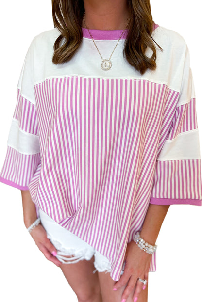 Pink Stripe Patchwork Bracelet Sleeve Plus Size T Shirt - The Fair Lady Shop