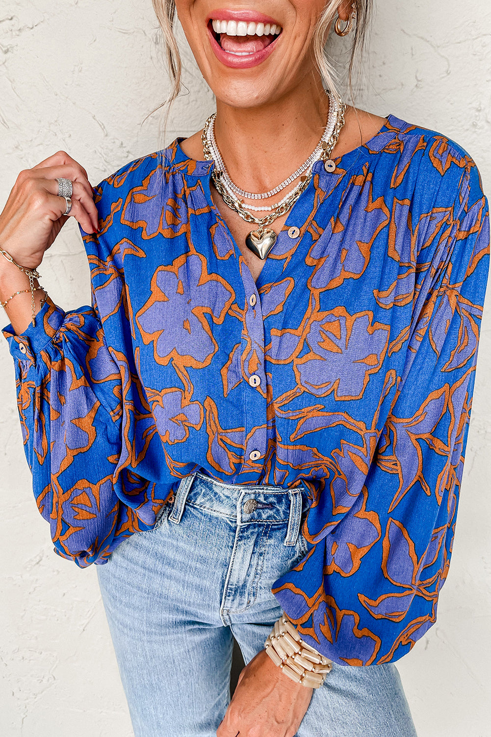 Blue Floral Print Batwing Sleeve Button Loose Fit Blouse - The Fair Lady Shop