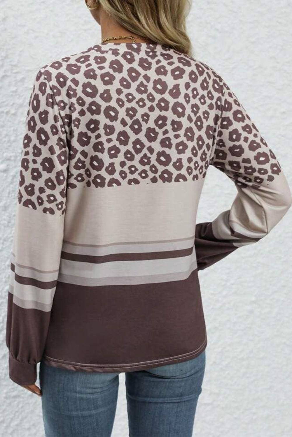 Khaki Leopard Striped Color Block Long Sleeve Top - The Fair Lady Shop