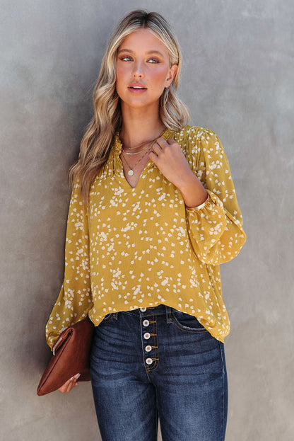 Yellow Frill Split V Neck Boho Crinkled Blouse - The Fair Lady Shop