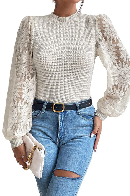 Peach Blossom Sunflower Lace Long Sleeve Waffle Knit Top - The Fair Lady Shop