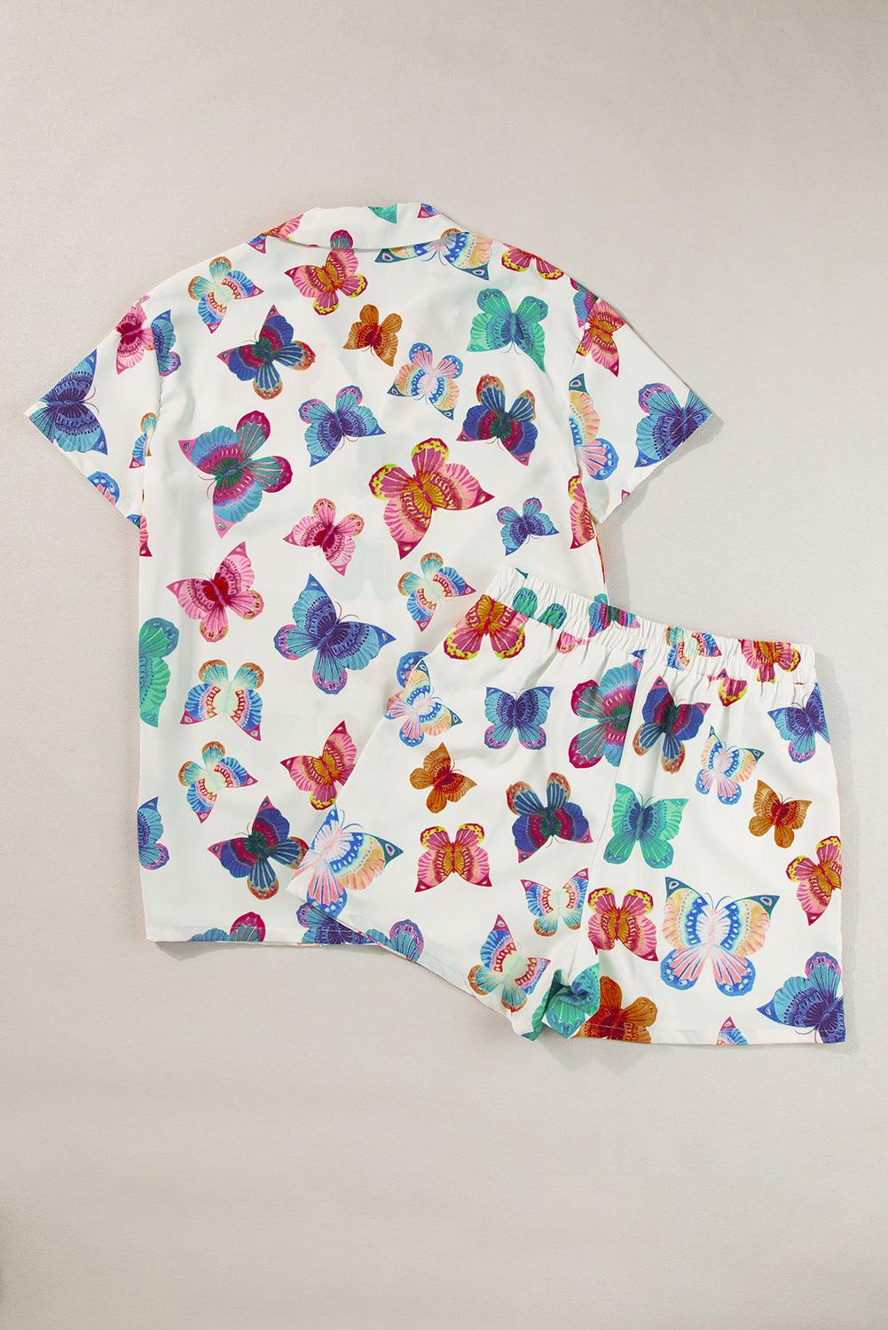 Multicolour Butterfly Print Button-up Shirt & Shorts Pajama Set - The Fair Lady Shop