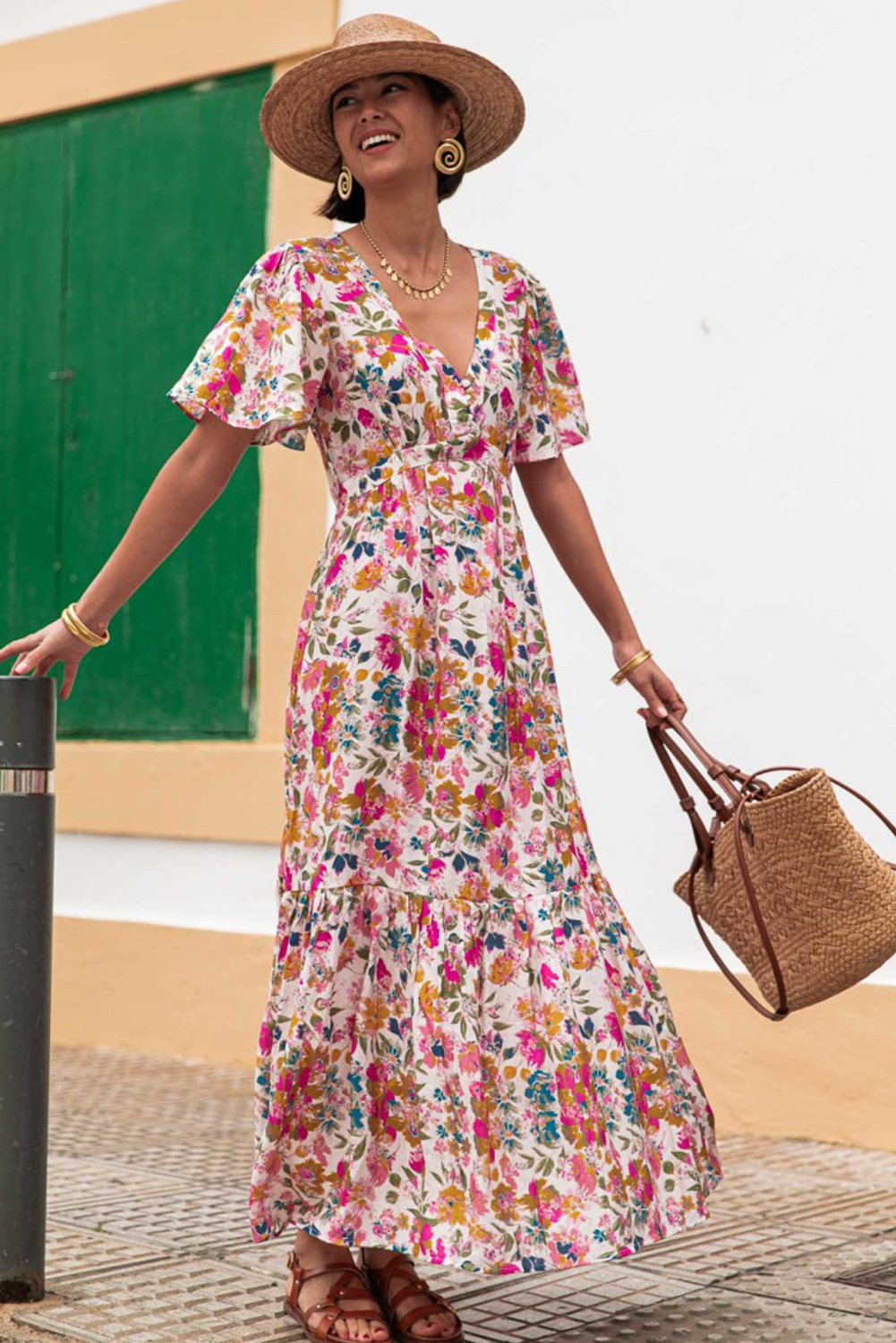 Red Floral Short Sleeve V Neck High Waist Maxi Dress - The Fair Lady Shop