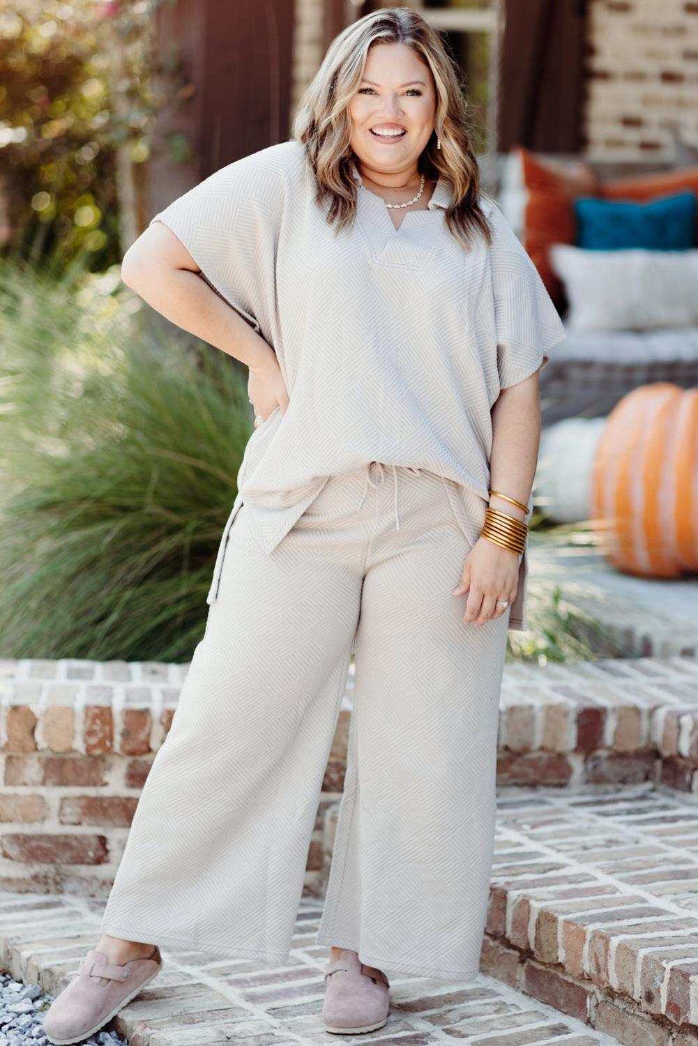 Beige Plus Size Textured Collared Top and Drawstring Pants Set - The Fair Lady Shop