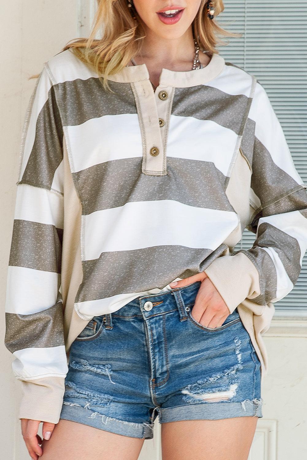 Multicolor Stripes Print Exposed Seam Long Sleeve Henley Shirt - The Fair Lady Shop