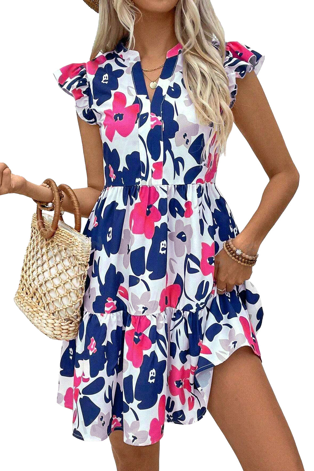 Rose Floral Print Notched Neck Flutter Sleeve Mini Dress - The Fair Lady Shop