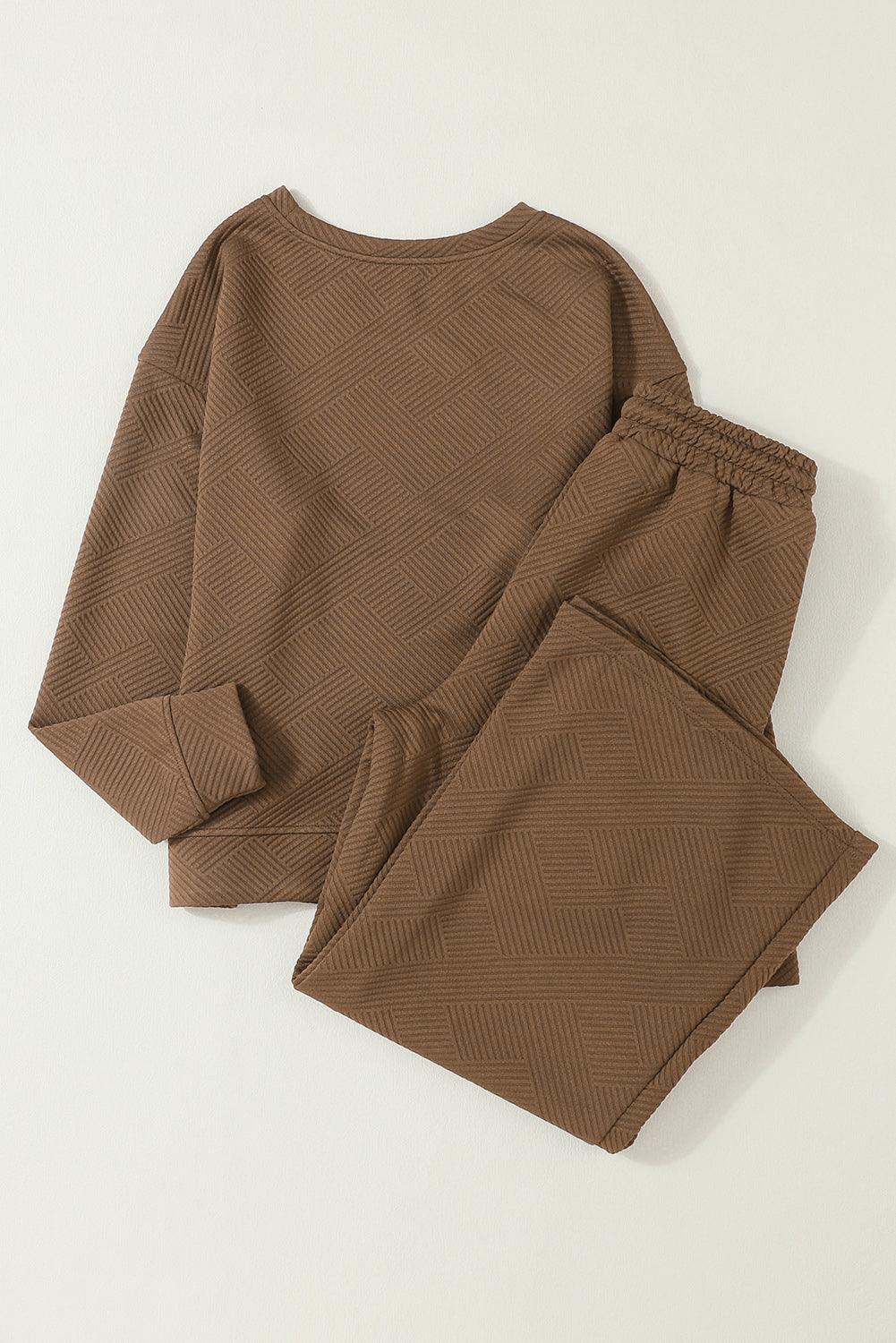 Dark Brown Textured Loose Slouchy Long Sleeve Top and Pants Set - The Fair Lady Shop
