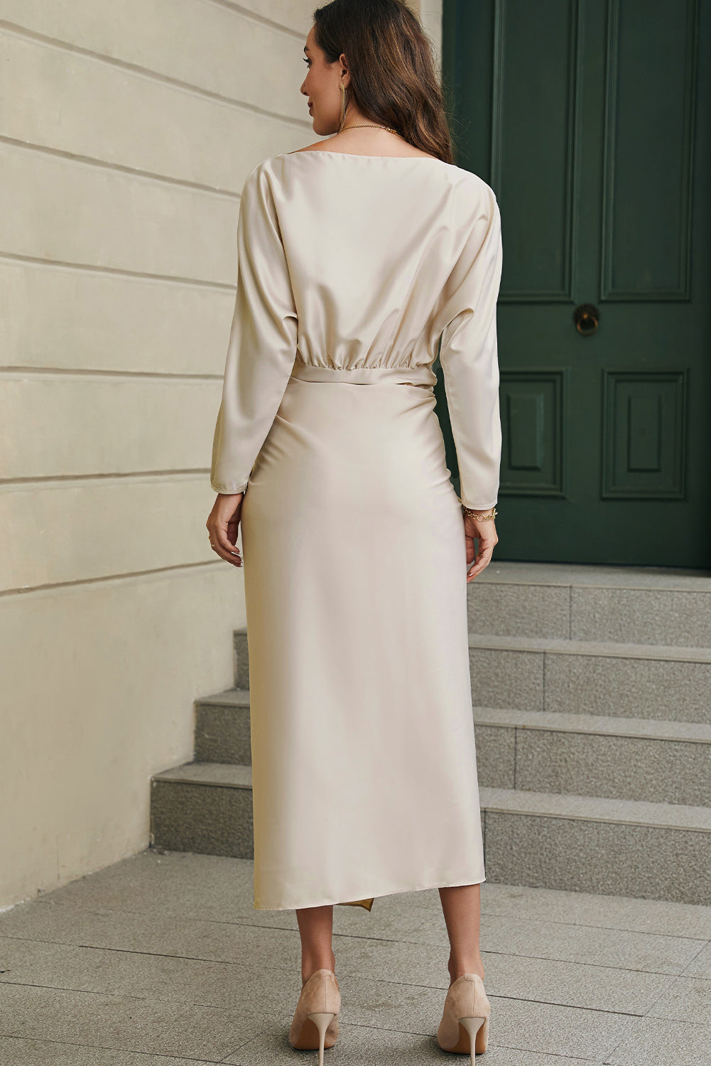 Apricot Satin Elegant Wrap Tie Side Boat Neck Long Sleeve Dress - The Fair Lady Shop