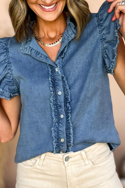 Ashleigh Blue Button Front Ruffled Flutter Frayed Denim Top - The Fair Lady Shop