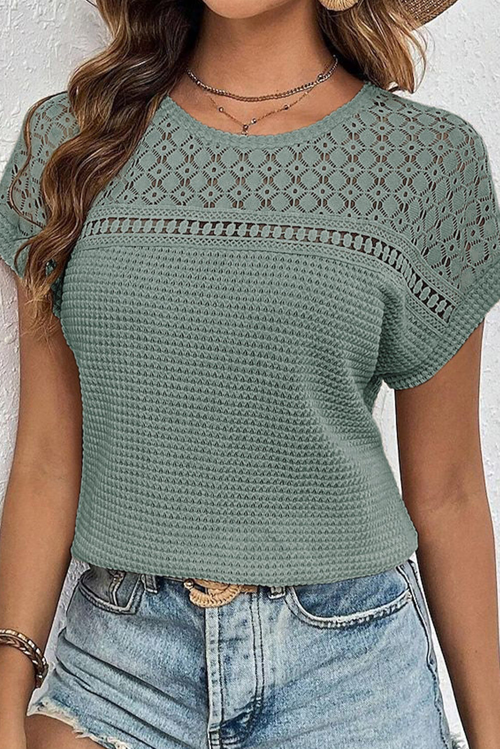 Mist Green Hollow Patchwork Waffle Knit Top - The Fair Lady Shop