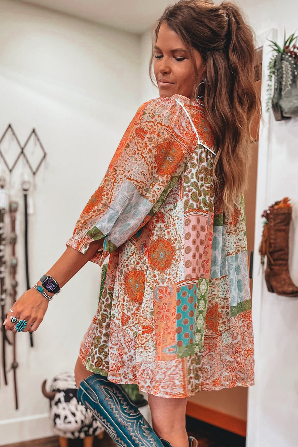 Orange Boho Paisley Mixed Print 3/4 Sleeve Chiffon Loose Dress - The Fair Lady Shop