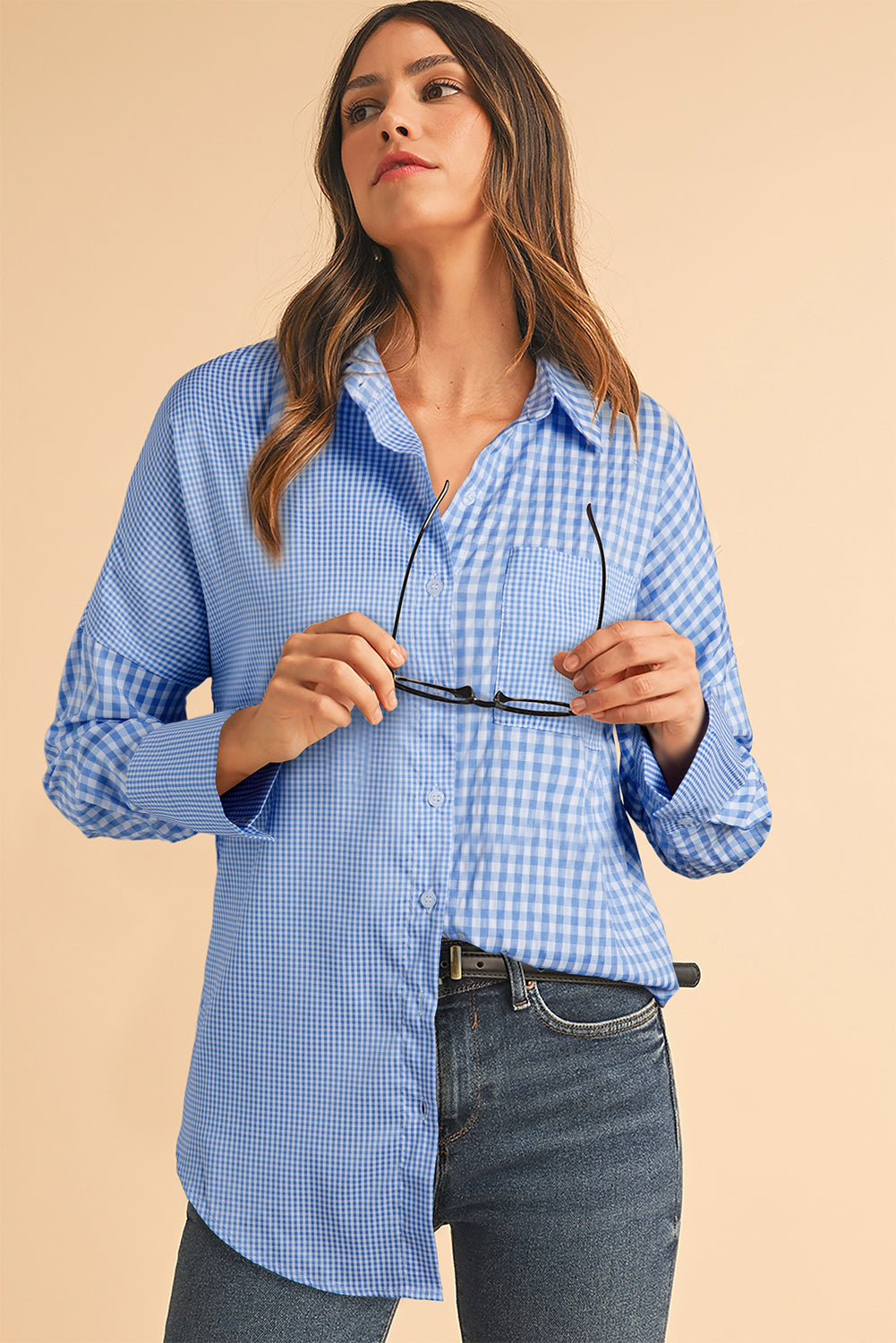 Sky Blue Plaid Pocket Long Sleeve Tunic Shirt