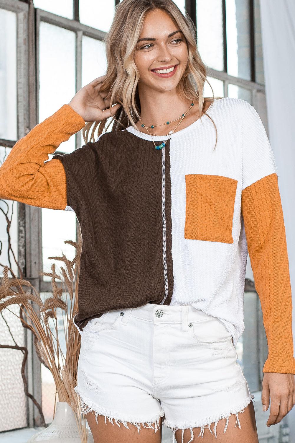 Brown Color Block Textured Chest Pocket Long Sleeve Top - The Fair Lady Shop