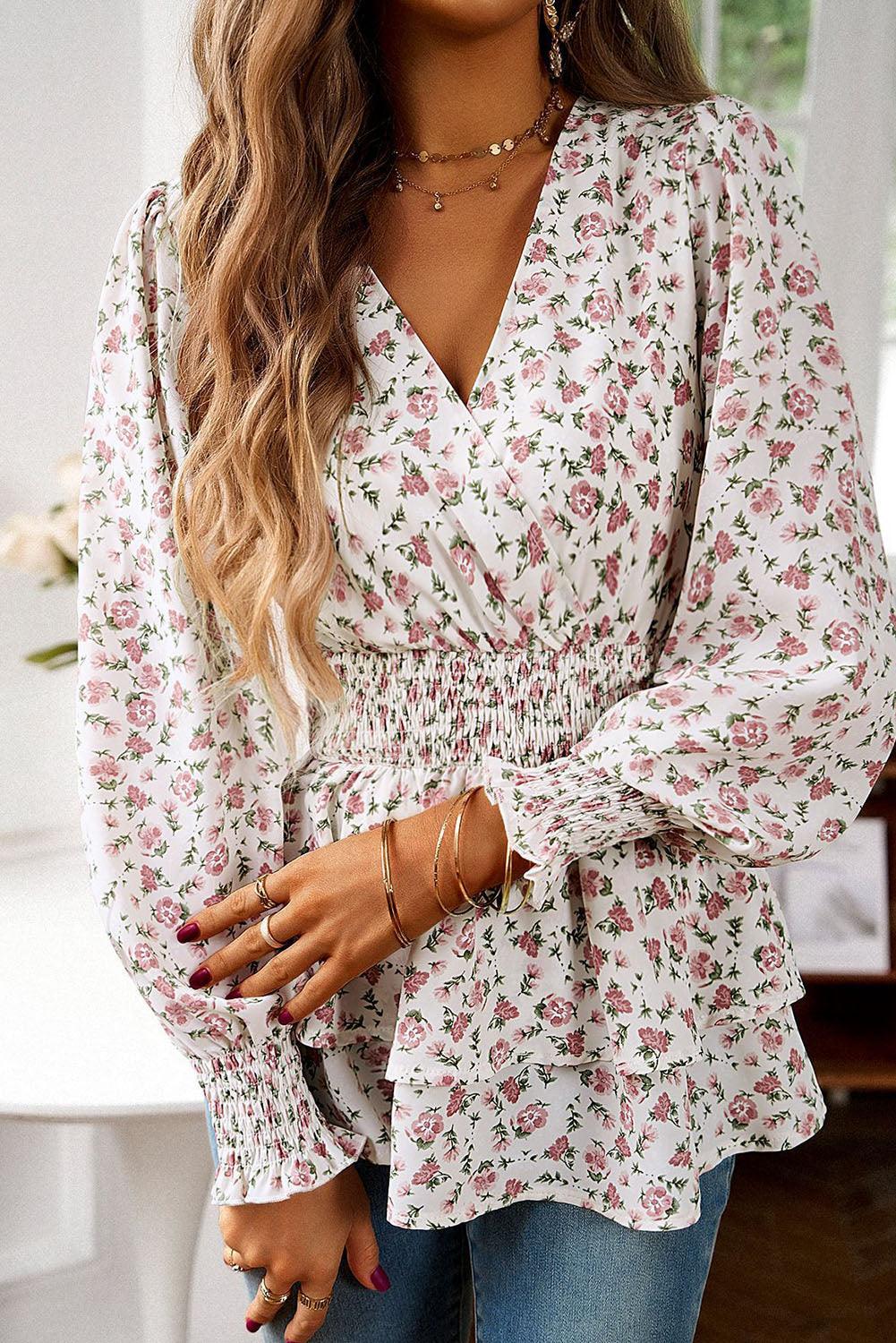 White Floral Print V-Neck Cinch Waist Blouse - The Fair Lady Shop