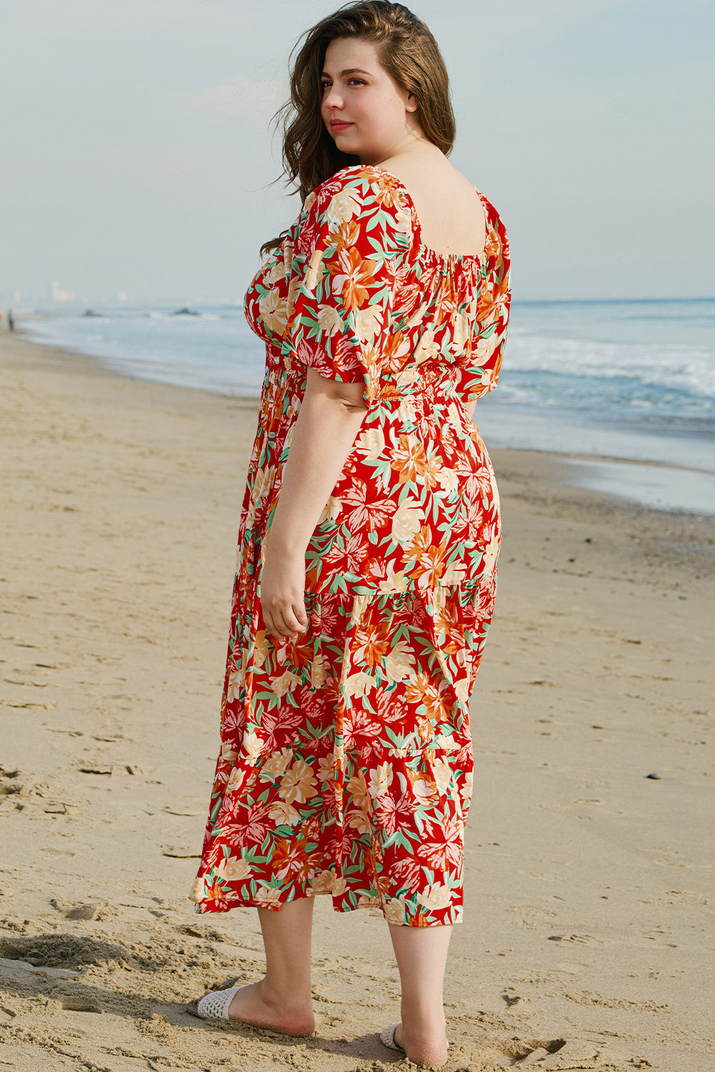 Orange Plus Size Floral V Neck Cinched Waist Maxi Dress - The Fair Lady Shop