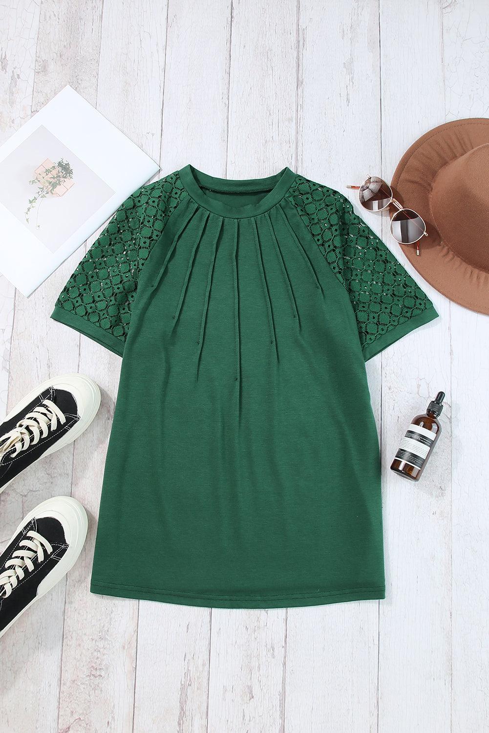 Pale Khaki Seamed Detail Contrast Lace Raglan Sleeve Tee - The Fair Lady Shop