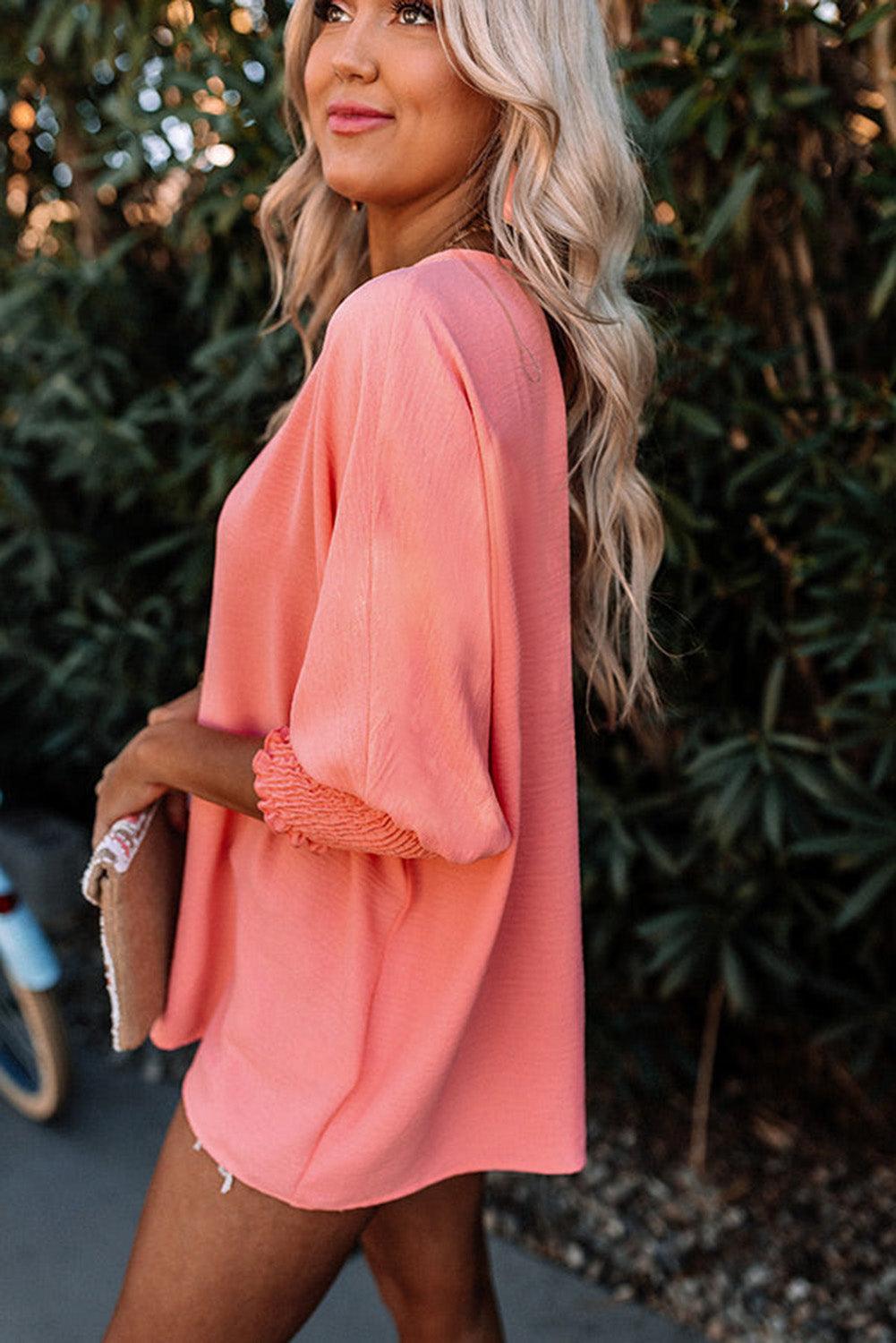 White Plain & Casual Shirred Cuffs Half Sleeve Top - The Fair Lady Shop