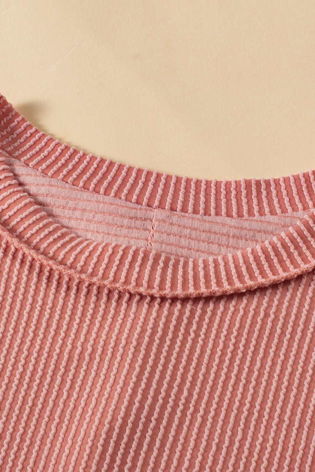 Apricot Pink Colorblock Ribbed Round Neck T Shirt - The Fair Lady Shop