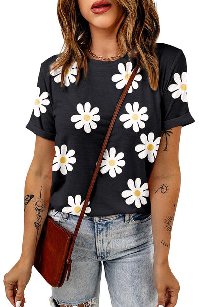 Sky Blue Daisy Print Crewneck T Shirt - The Fair Lady Shop