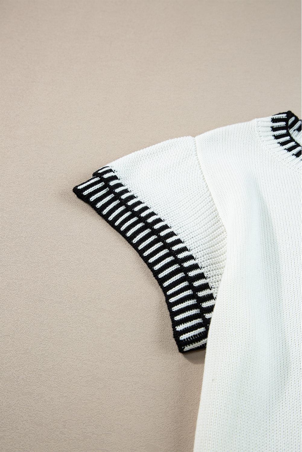 Beige Contrast Trim Round Neck Batwing Sleeve Knitted T Shirt - The Fair Lady Shop