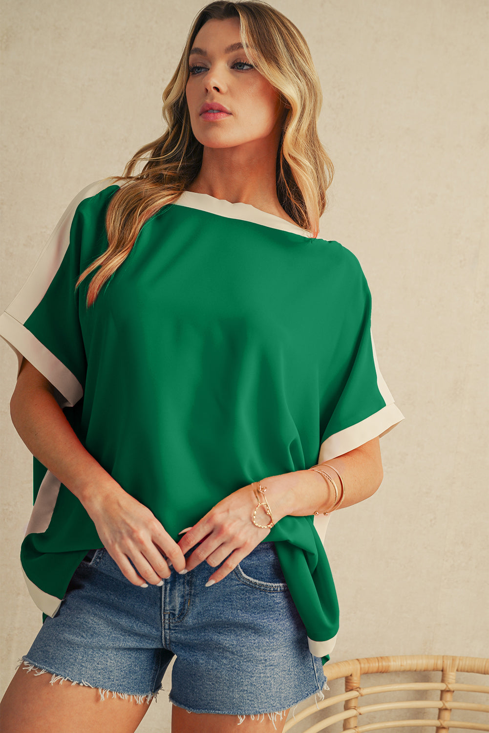 Green Colorblock Batwing Sleeve Boat Neck Blouse - The Fair Lady Shop