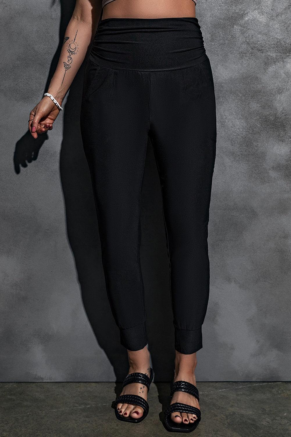 Black Pleated Casual Pocket High Waisted Leggings - The Fair Lady Shop