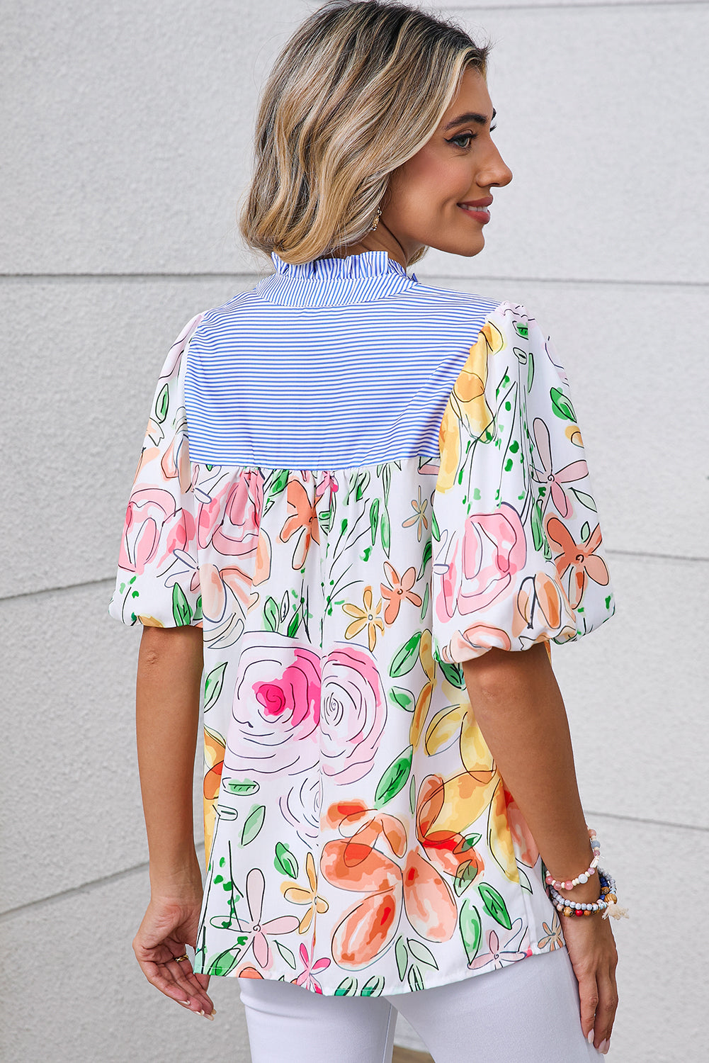 Multicolour Floral Print Striped Frill V Neck Puff Sleeve Blouse - The Fair Lady Shop