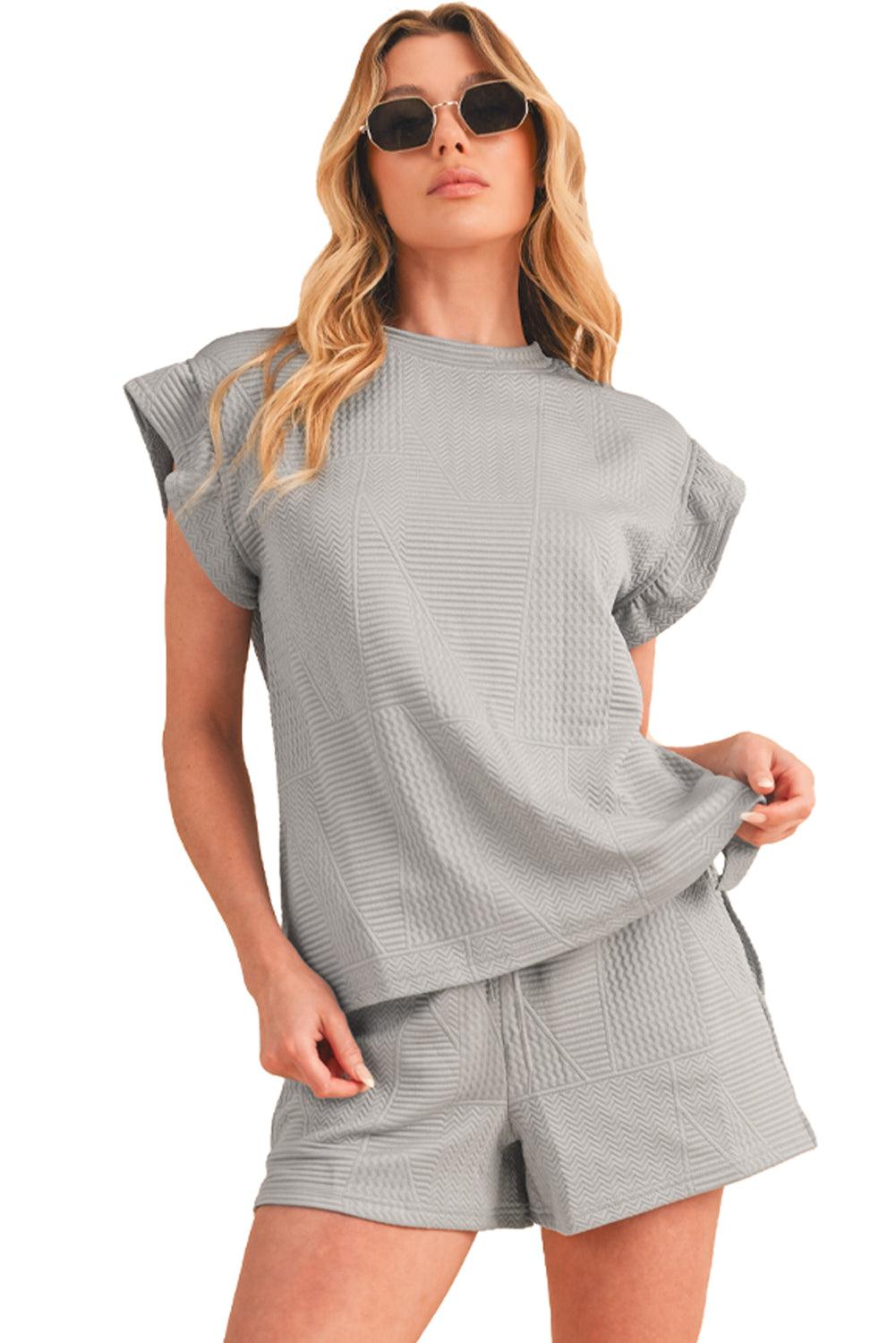 Dark Green Textured Ruffle Split Top and Drawstring Shorts Set - The Fair Lady Shop