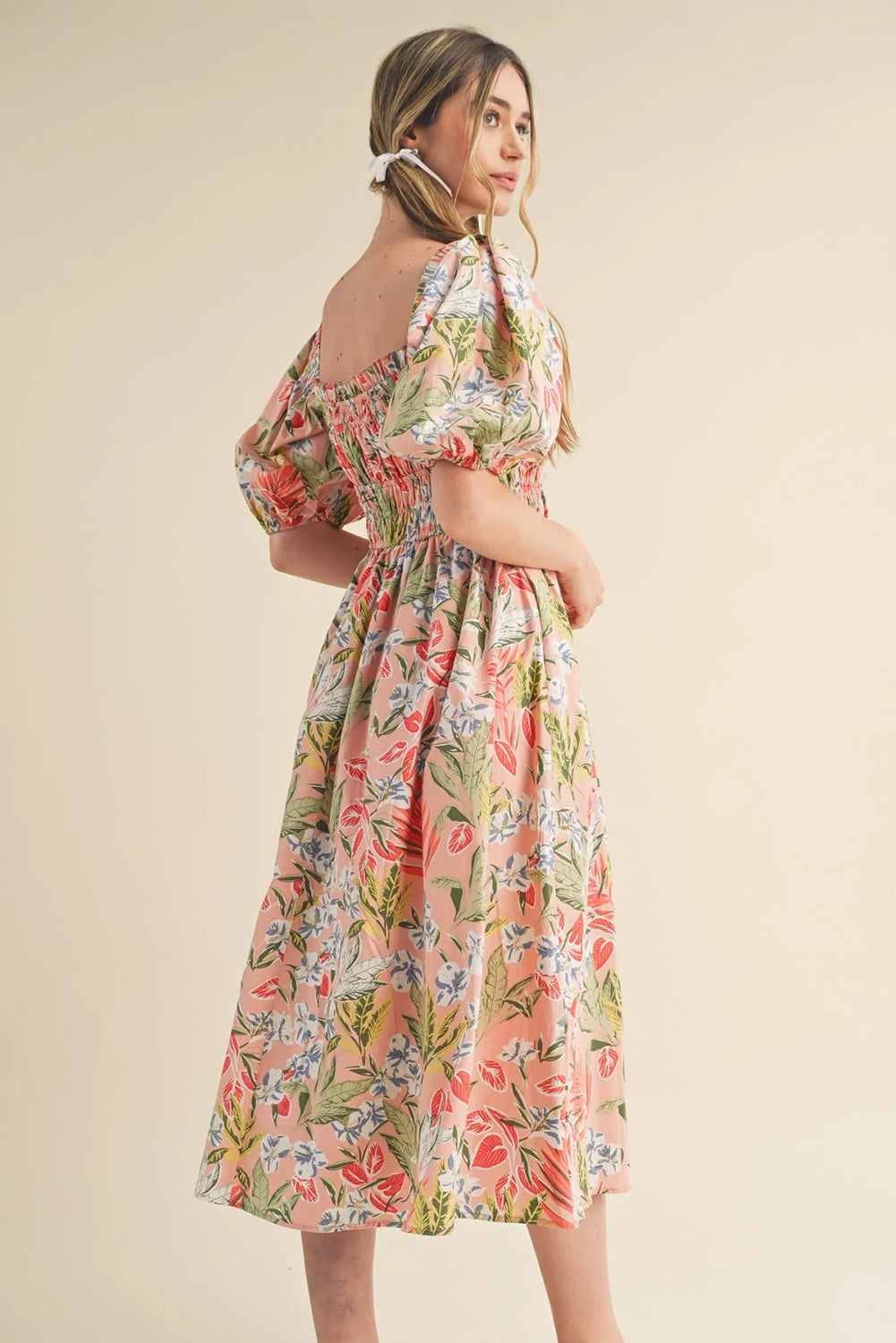 Apricot Pink Floral Knot Front Smocked Bubble Sleeve Dress - The Fair Lady Shop