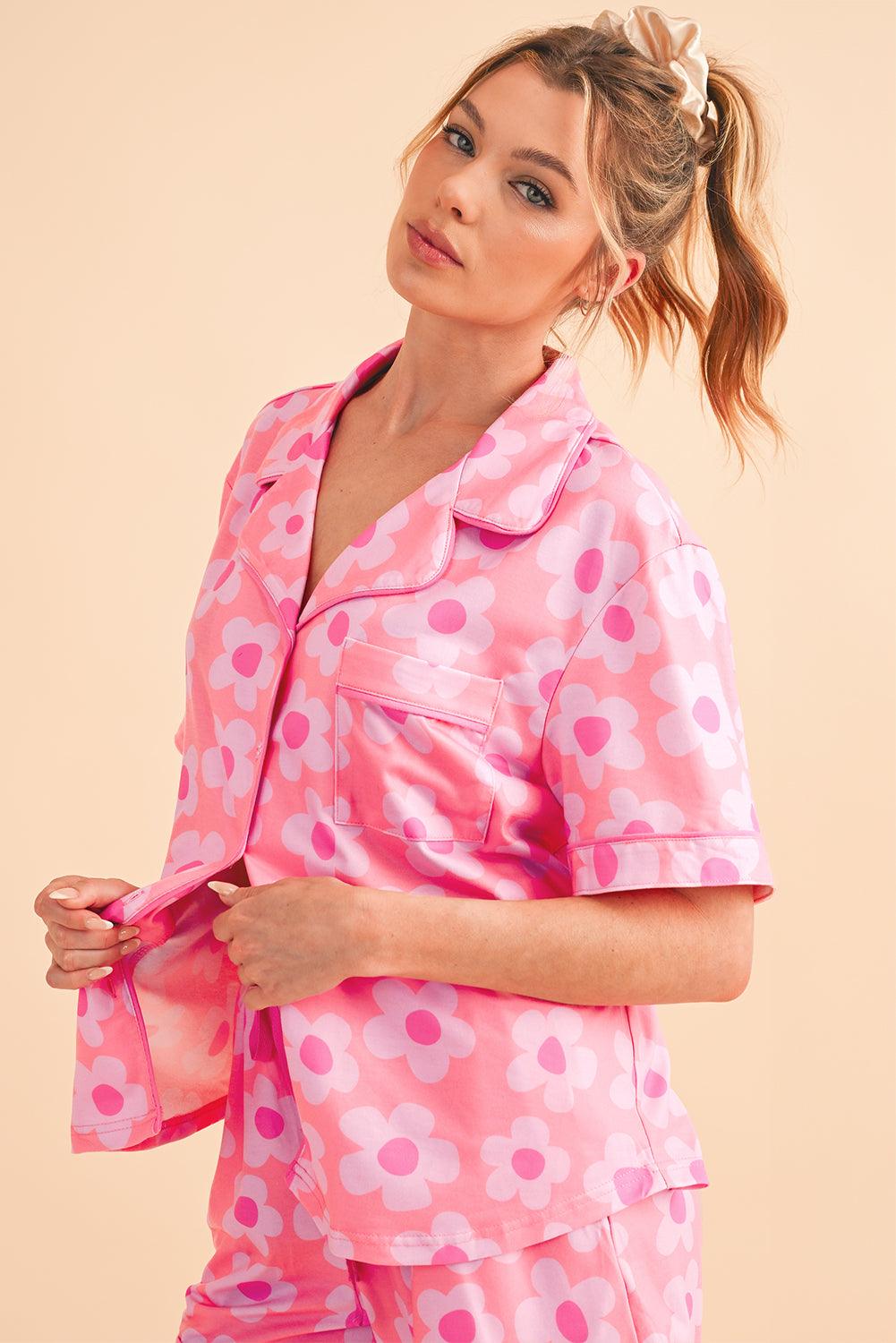 Green Flower Print Buttoned Shirt and Drawstring Waist Pajama Set - The Fair Lady Shop