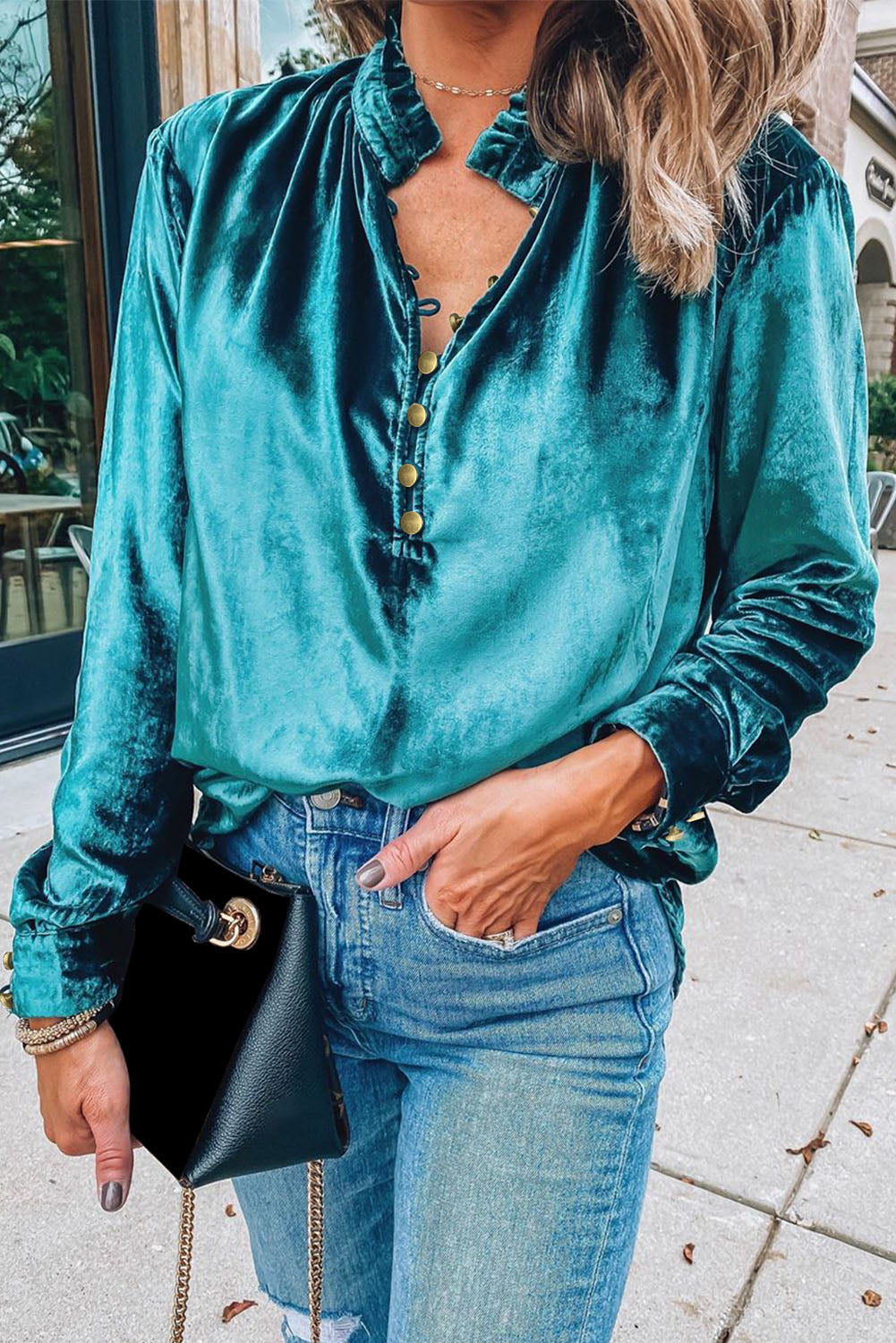 Green Frilled Neck Buttoned Front Velvet Top - The Fair Lady Shop