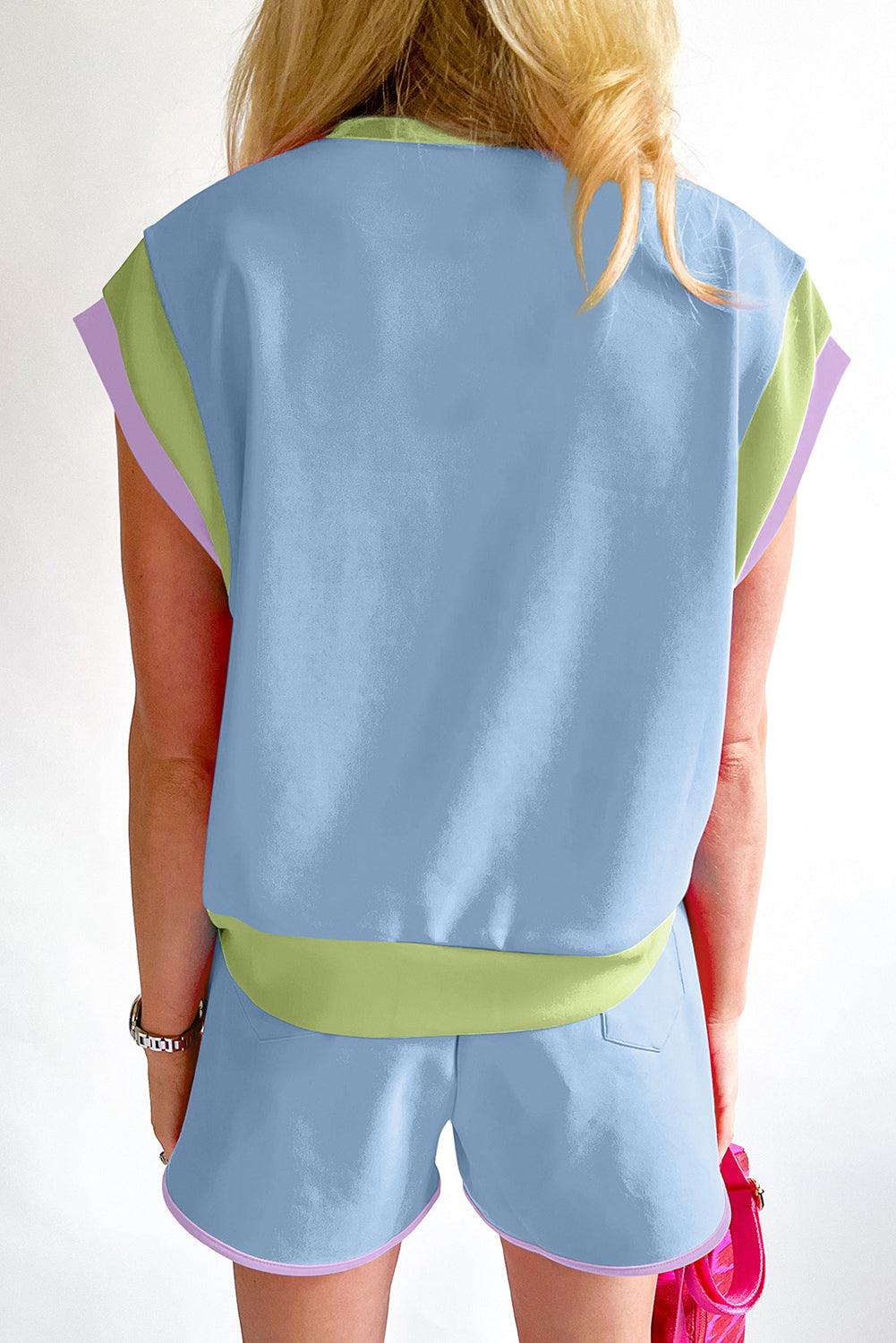 Peach Blossom Color Block Loose Fit Top & Elastic Waist Shorts Set - The Fair Lady Shop