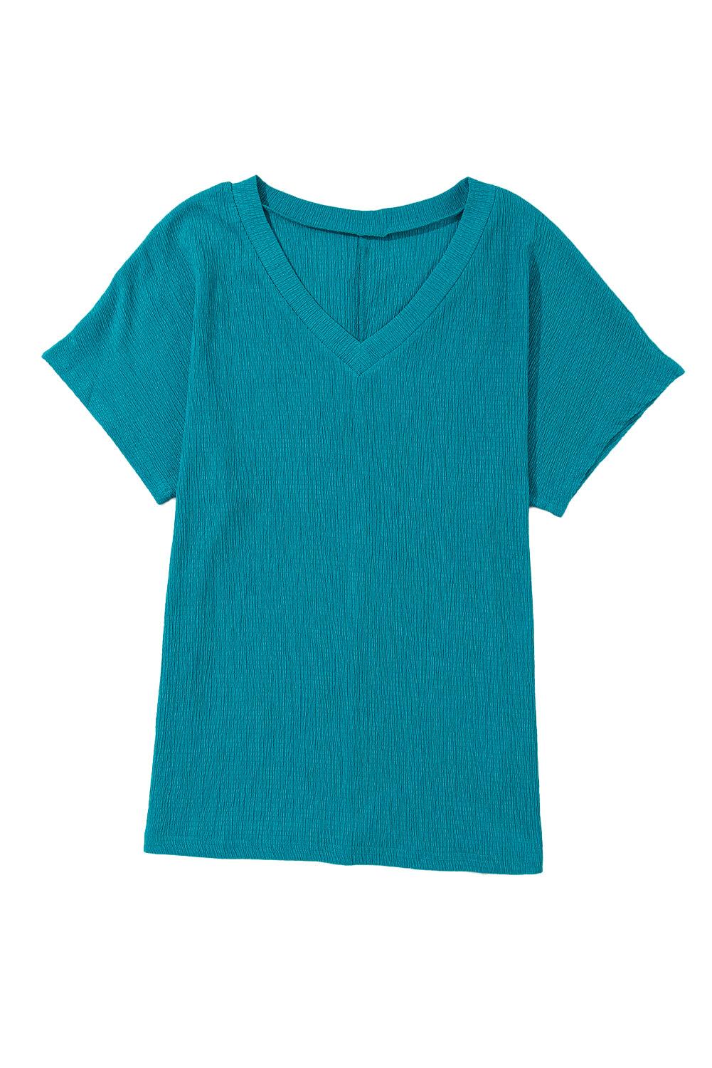 Blue Plain Crinkled V Neck Flounce Sleeve T Shirt - The Fair Lady Shop