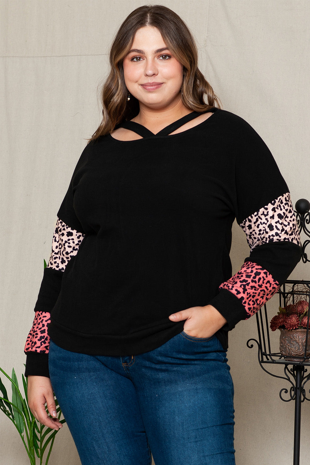Black Plus Size Leopard Patchwork Strappy Neck Top - The Fair Lady Shop