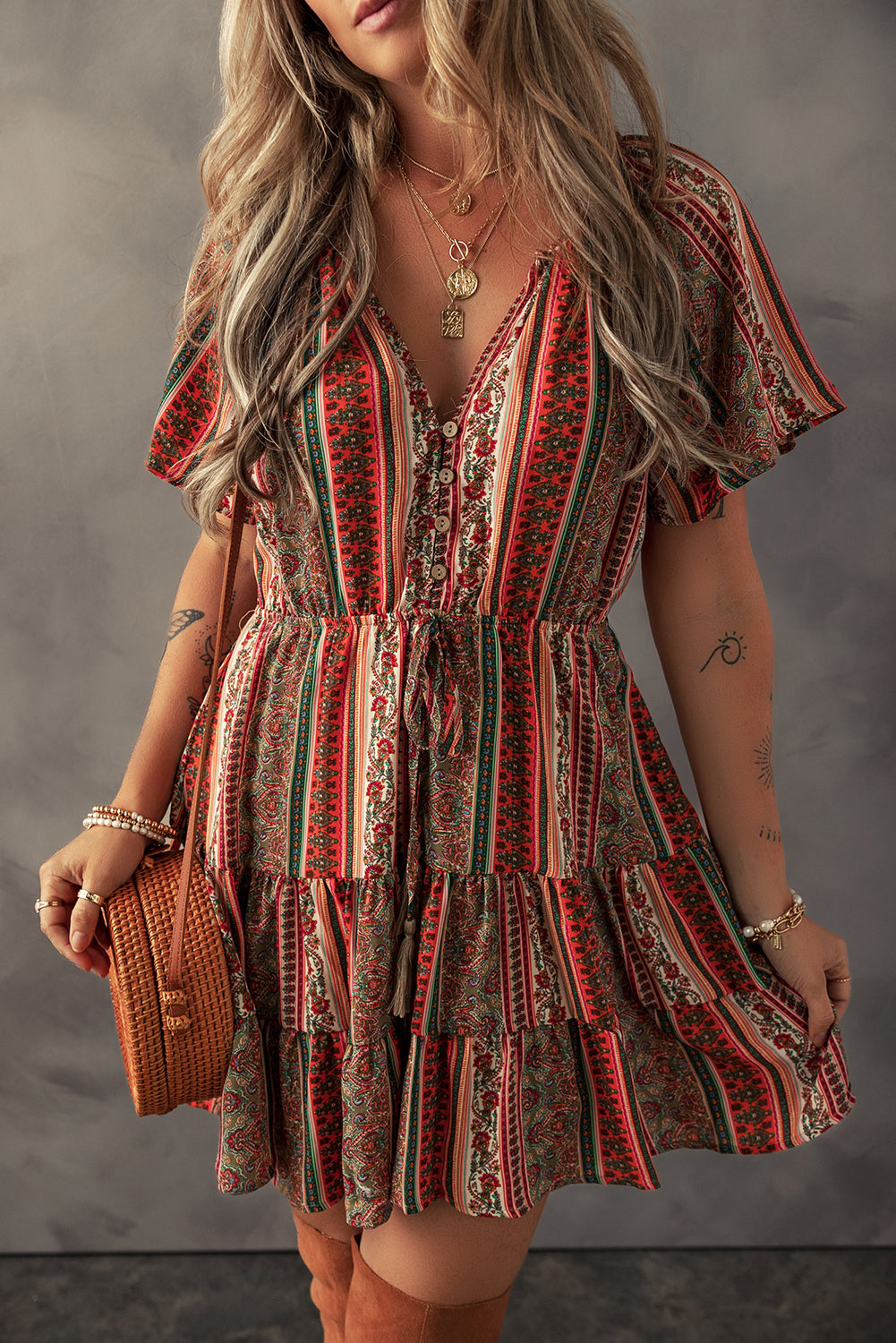 Red Bohemian Floral Print Buttoned V Neck Ruffle Tiered Dress - The Fair Lady Shop