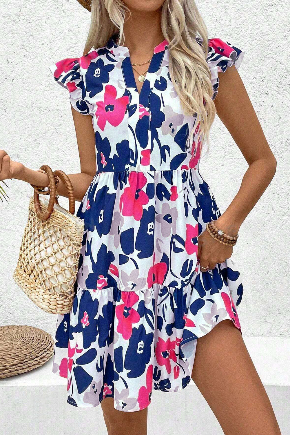 Rose Floral Print Notched Neck Flutter Sleeve Mini Dress - The Fair Lady Shop
