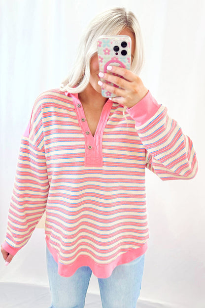 Pink Stripe Collared V Neck Drop Shoulder Top - The Fair Lady Shop