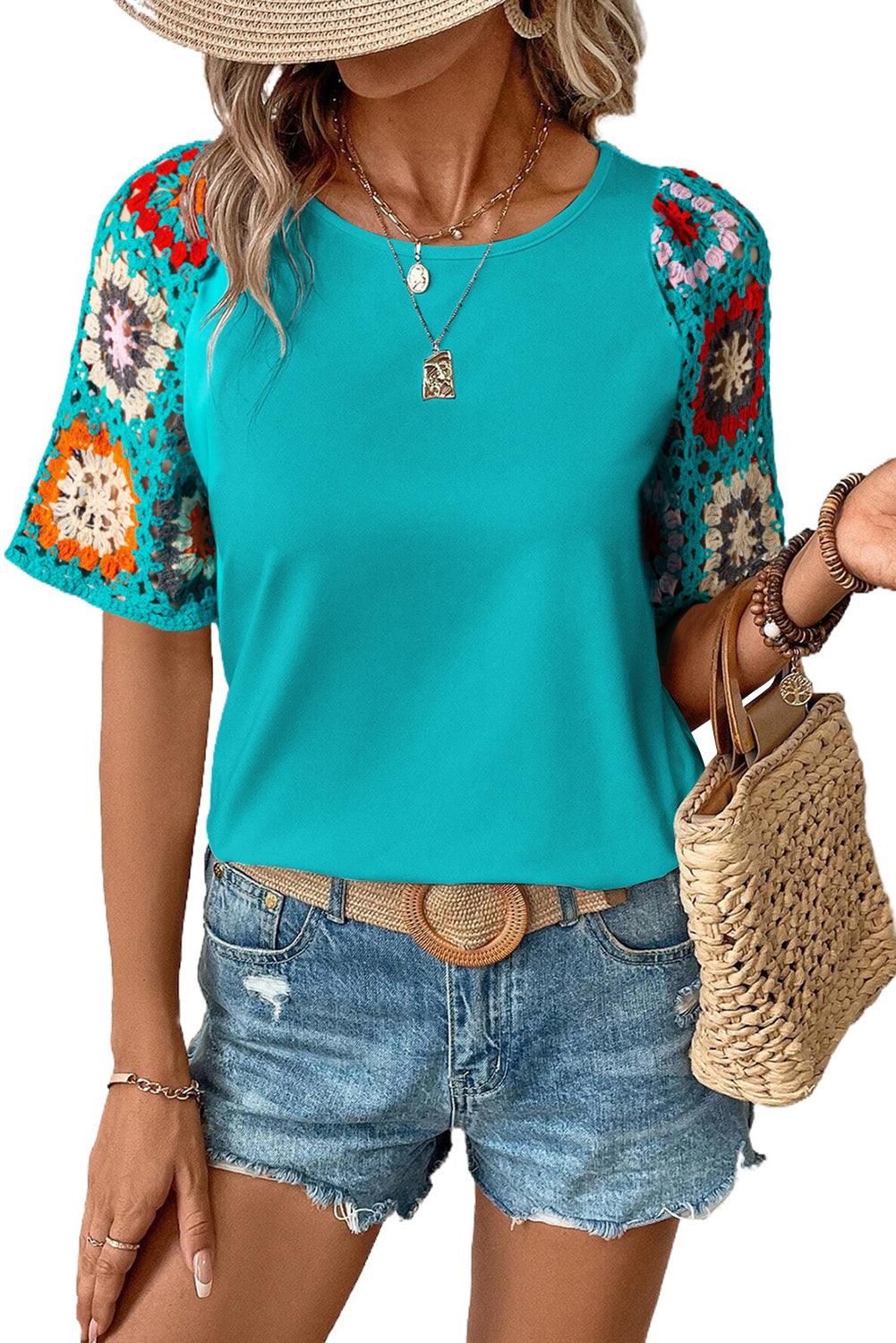 Black Floral Hollowed Crochet Sleeve Boho T Shirt - The Fair Lady Shop