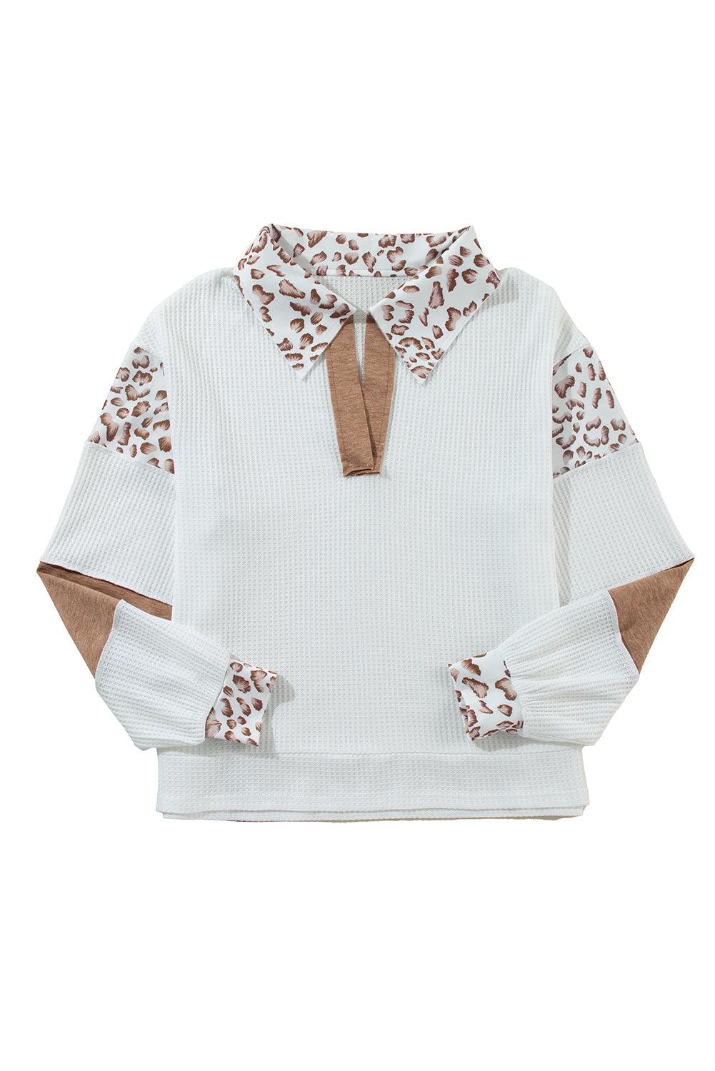 White Leopard Patchwork Turn-down Collar Waffle Top - The Fair Lady Shop
