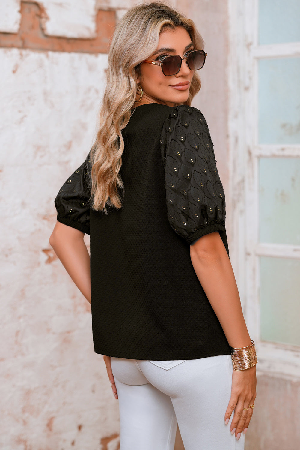 Black Bubble Sleeve Patchwork Textured Top - The Fair Lady Shop
