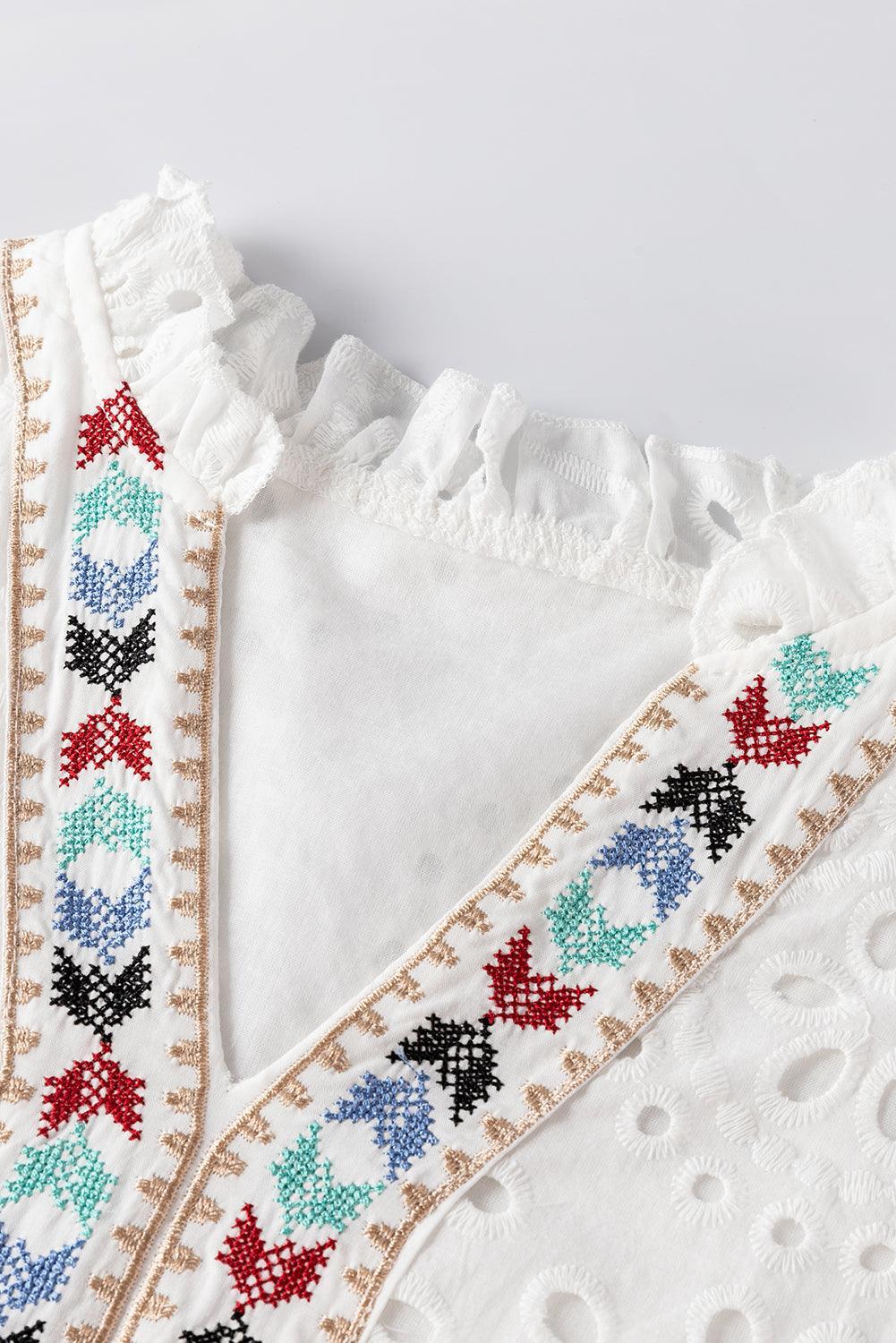 White Boho Geometric Pattern V Neck Cut-out Blouse - The Fair Lady Shop