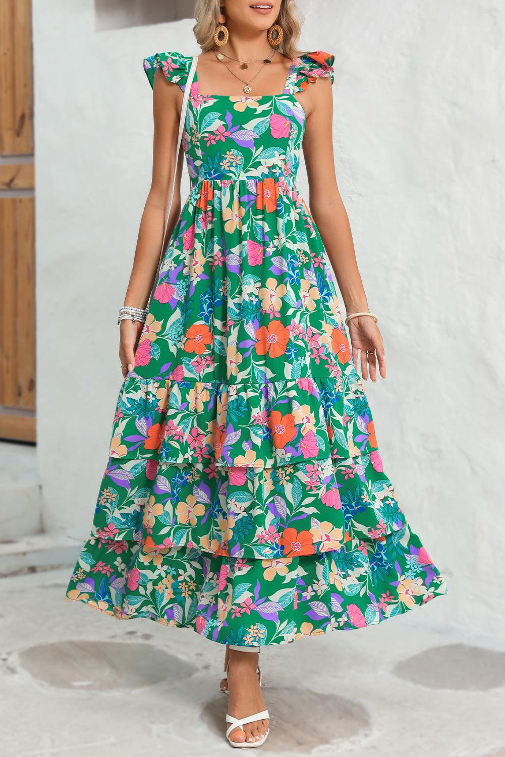 Pink Floral Print Sleeveless Ruffle Tiered Maxi Dress - The Fair Lady Shop